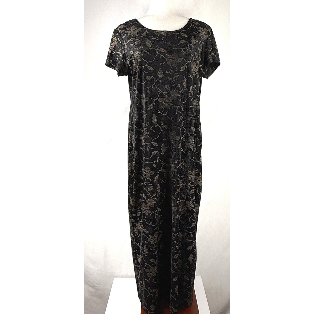 Black & Gold Velvet Burnout Maxi Dress Size XL Short Sleeves Whimsygoth Y2K
